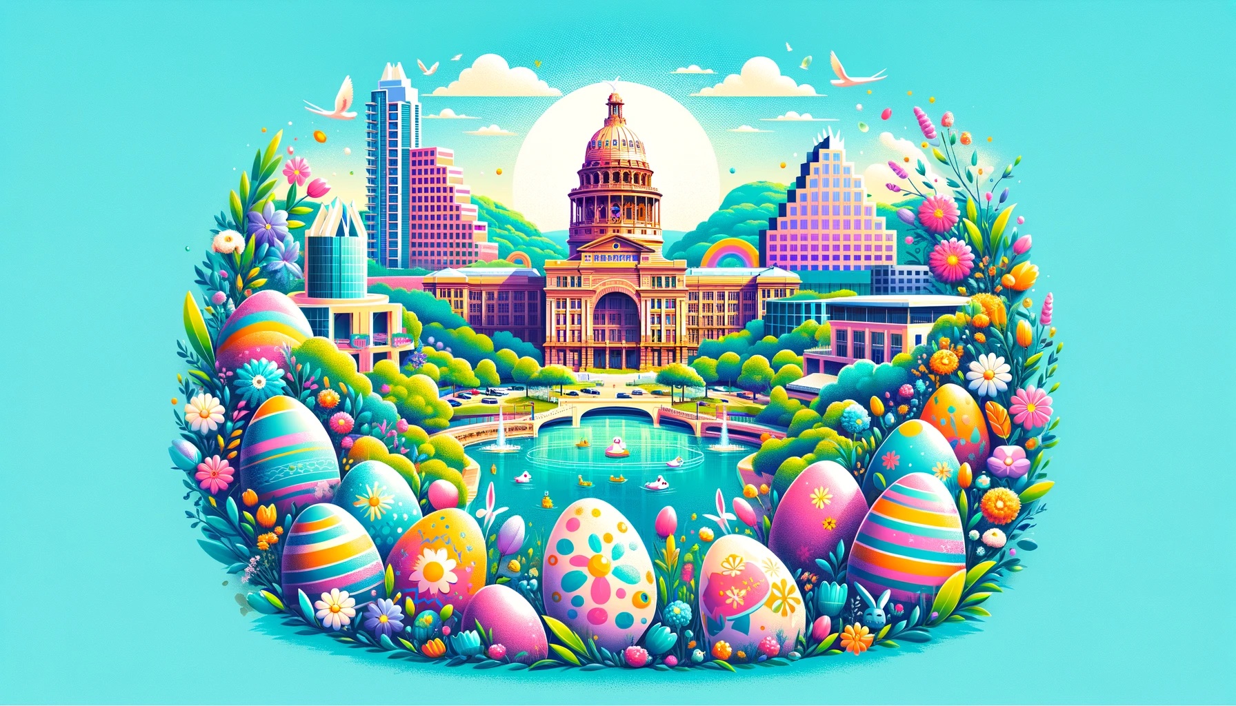 Image of Austin Texas with many easter eggs.